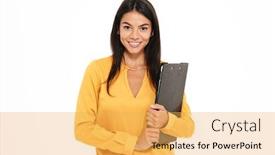 Presentation with successful - Cool new slides with close-up portrait of happy successful businesswoman in yellow shirt holding folder with documents looking at camera isolated on white background backdrop and a yellow colored foreground
