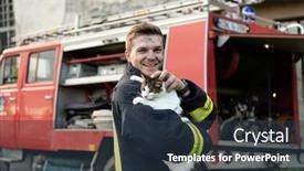  Presentation with fire fighting - Presentation design consisting of close-up-portrait-of-heroic background and a tawny brown colored foreground