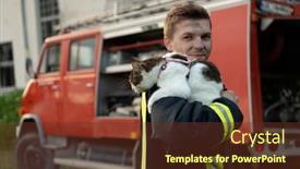  Presentation with fire fighting - PPT theme featuring close-up-portrait-of-heroic background and a tawny brown colored foreground