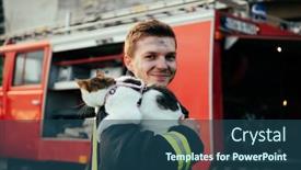  Presentation with fire fighting - PPT theme with close-up-portrait-of-heroic background and a ocean colored foreground