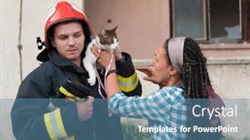  Presentation with fire fighting - Slide set with close-up-portrait-of-heroic background and a teal colored foreground