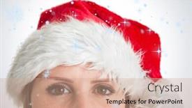  Presentation with falling snow - Cool new PPT theme with close up portrait of pretty woman in santa hat against snow falling backdrop and a coral colored foreground