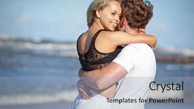  Presentation with romantic beach - Colorful presentation design enhanced with close up portrait of romantic kiss on beach backdrop and a light blue colored foreground