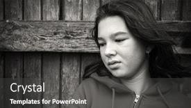  Presentation with sad teen - Slides with close-up portrait of sad brunette teen girl near wooden fence background and a dark gray colored foreground