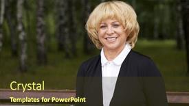  Presentation with serene - Presentation design featuring close up portrait of serene mature woman in the summer park background and a tawny brown colored foreground