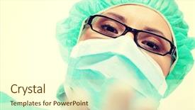  Presentation with surgical nurse - Slide deck featuring close-up portrait of serious nurse or doctor in surgical mask background and a cream colored foreground