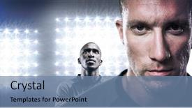  Presentation with spotlight - Presentation design consisting of close-up portrait of serious rugby player against spotlight background and a seafoam green colored foreground