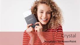  Presentation with passport - Slide set featuring close up portrait of smiling young girl with curly hair holding passport isolated over white background background and a red colored foreground