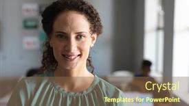  Presentation with female - PPT layouts having close-up-portrait-of-smiling background and a tawny brown colored foreground