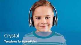  Presentation with blue music - Slide deck with close up portrait of smiling young boy listening music by earphone and looking at the camera over blue background background and a teal colored foreground