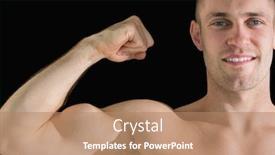  Presentation with flexing - PPT theme enhanced with close-up portrait of young man flexing muscles over black background background and a coral colored foreground