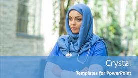  Presentation with nurse care - PPT theme with close-up-portrait-of-young background and a teal colored foreground