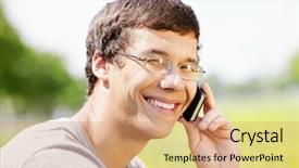  Presentation with man holding phone - Slides with close up portrait of young hispanic man wearing glasses and t-shirt sitting in spring park outdoors holding mobile phone near his head and smiling - communication concept background and a coral colored foreground