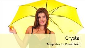  Presentation with under umbrella - Slide set consisting of close up portrait of young beautiful woman under umbrella on white background background and a blonde colored foreground