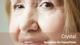  Presentation with deep - PPT layouts with close-up portrait shot of wrinkled senior woman with deep brown eyes looking at camera and smiling slightly background and a coral colored foreground