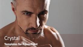  Presentation with boxing - PPT theme enhanced with close up portrait of a confident mature shirtless sportsman boxing isolated over gray background background and a tawny brown colored foreground