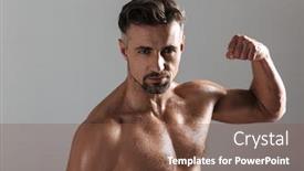  Presentation with flexing - Slides with close up portrait of a strong mature shirtless sportsman flexing muscles isolated over gray background background and a tawny brown colored foreground