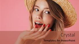  Presentation with straw - PPT layouts having close up portrait of a surprised young woman in summer dress and straw hat posing and looking away isolated over pink background background and a red colored foreground