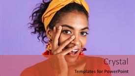  Presentation with african violet - Audience pleasing theme consisting of close up portrait of a happy young african woman in headband over violet background looking at camera with hand at her face backdrop and a red colored foreground