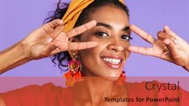  Presentation with african violet - Amazing PPT layouts having close up portrait of a smiling young african woman in headband over violet background showing two peace gestures backdrop and a red colored foreground