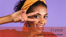  Presentation with african violet - Beautiful theme featuring close up portrait of a smiling young african woman in headband over violet background showing peace gesture backdrop and a red colored foreground