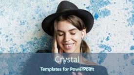  Presentation with blue music - Slides having close up portrait of a smiling young woman dressed in hat and sweater listening to music with eaphones holding mobile phone over blue wall background background and a ocean colored foreground