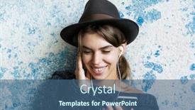  Presentation with blue music - Theme with close up portrait of a pretty young woman dressed in hat and sweater listening to music with eaphones holding mobile phone over blue wall background background and a ocean colored foreground