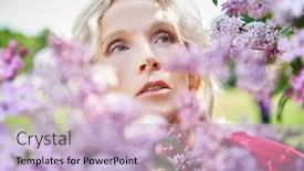  Presentation with beauty cosmetics - Slide deck consisting of close up portrait of an elderly woman in the summer park behind a tree in blossom beauty cosmetics background and a lemonade colored foreground