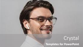 Presentation with wireless - Slide deck enhanced with close up portrait of a handsome young businessman wearing suit standing isolated over gray background listening to music with wireless earphones background and a gray colored foreground
