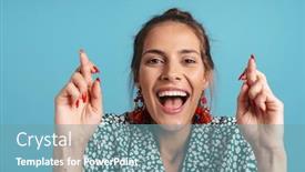  Presentation with good luck - Presentation design with close up portrait of a lovely happy young woman wearing shirt and bright earrings standing isolated over blue background holding fingers crossed for good luck background and a teal colored foreground