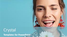  Presentation with close up of young girls - Theme enhanced with close up portrait of a lovely young woman wearing shirt and bright earrings standing isolated over blue background holding chamomile winking background and a light blue colored foreground