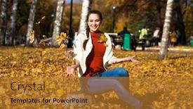  Presentation with autumn blue - PPT theme enhanced with close up portrait of a young beautiful woman in blue jeans posing in autumn park background and a gold colored foreground