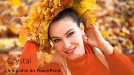  Presentation with maple - PPT layouts featuring close up portrait of a young beautiful woman with a wreath of maple leaves posing in autumn park background and a red colored foreground