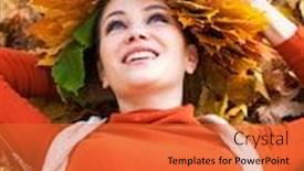  Presentation with maple leaves - Cool new presentation theme with close up portrait of a young beautiful woman with a wreath of maple leaves posing in autumn park backdrop and a red colored foreground