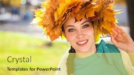  Presentation with maple leaves - Audience pleasing slides consisting of close up portrait of a young beautiful woman with a wreath of maple leaves posing in autumn park backdrop and a yellow colored foreground
