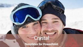  Presentation with ski - Audience pleasing theme consisting of close-up portrait of a cheerful couple with ski goggles on snow covered landscape backdrop and a coral colored foreground