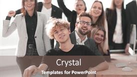  Presentation with employees - Slide deck having close-up-portrait background and a violet colored foreground