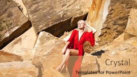  Presentation with beautiful young girl red - PPT theme with close-up-portrait background and a coral colored foreground