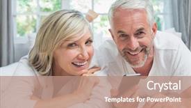  Presentation with text message - PPT theme featuring close-up portrait of a cheerful mature couple reading text message at home background and a coral colored foreground