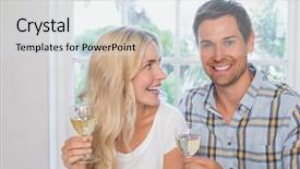  Presentation with young happy couple - PPT layouts with close-up portrait of a happy loving young couple with wine glasses at home background and a sky blue colored foreground