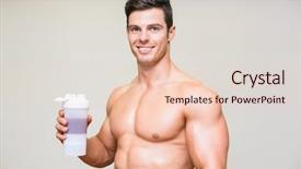  Presentation with protein - Beautiful presentation theme featuring close-up portrait of a sporty young man with protein drink over white background backdrop and a lemonade colored foreground