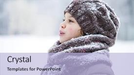  Presentation with hat - Slides enhanced with close-up portrait of a little girl in brown jacket and knit scarf and hat on a background of a snow park background and a light blue colored foreground