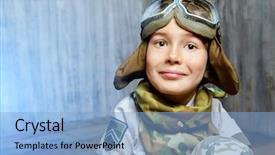  Presentation with imagination - Audience pleasing slide set consisting of close-up portrait of a happy kid who dreams of becoming a pilot childhood fantasy imagination backdrop and a light blue colored foreground