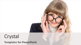  Presentation with pretty girl - Presentation theme having close-up portrait of a pretty teenager girl in big round glasses optics beauty fashion education isolated over white background and a white colored foreground