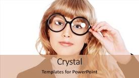  Presentation with pretty girl - Colorful presentation enhanced with close-up portrait of a pretty teenager girl in big round glasses optics beauty fashion education isolated over white backdrop and a coral colored foreground