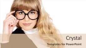  Presentation with pretty girl - Cool new slide deck with close-up portrait of a pretty teenager girl in big round glasses optics beauty fashion education isolated over white backdrop and a lemonade colored foreground