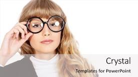  Presentation with pretty girl - PPT theme having close-up portrait of a pretty teenager girl in big round glasses optics beauty fashion education isolated over white background and a sky blue colored foreground