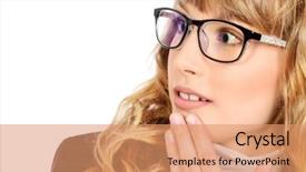  Presentation with pretty girl - Amazing slide set having close-up portrait of a pretty teenager girl in elegant glasses optics beauty fashion education isolated over white backdrop and a coral colored foreground