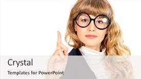  Presentation with pretty girl - Amazing slides having close-up portrait of a pretty teenager girl in big round glasses optics beauty fashion education isolated over white backdrop and a sky blue colored foreground