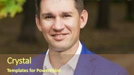  Presentation with autumn blue - Theme with close up portrait of a young business man in a blue suit and white shirt on the background of autumn park background and a tawny brown colored foreground